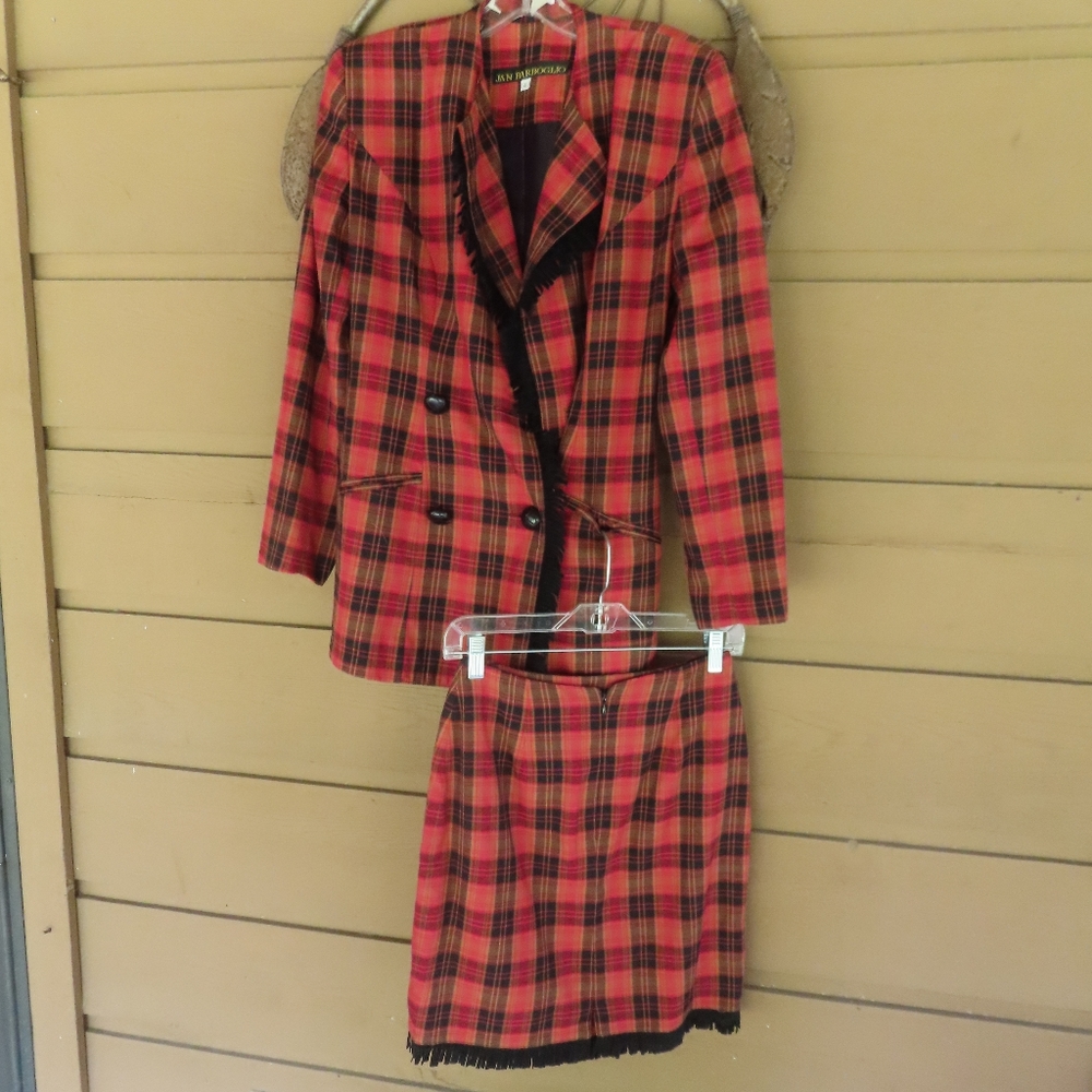 rare Jan Barboglio jacket & skirt sz 4 tartan plaid Cotton Vintage